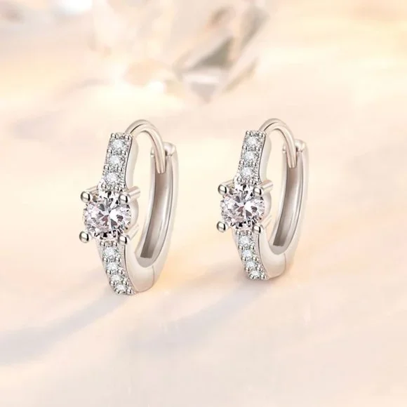 925 Sterling Silver Diamond Huggie Earrings Minimalist Small Hoop Earrings - Picture 1 of 5